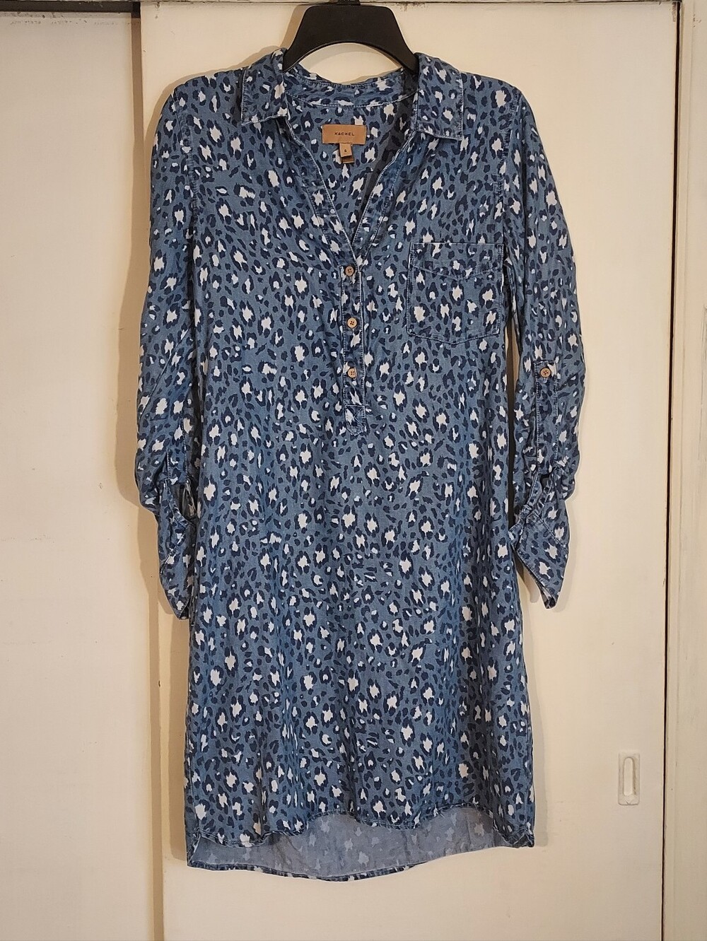 Kachel for Anthropologie Blue Leopard Print Shirt Dress Long Roll Tab Sleeve 4